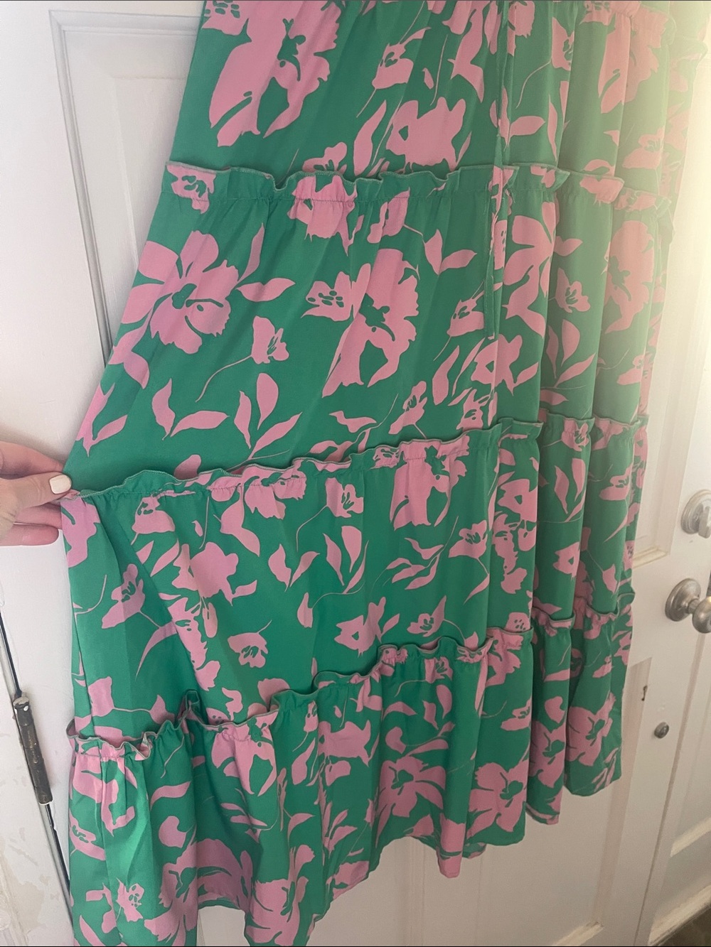 Umgee Pink Floral Green Ruffled Neck Blouse - Picture 5 of 5